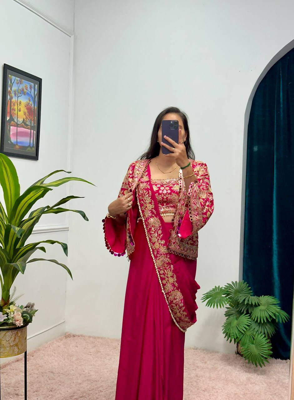 Teeya Creation Rani Color Chinon Silk Embroidery Work Ready To Wear Party Wear Saree With Koti - Distacart