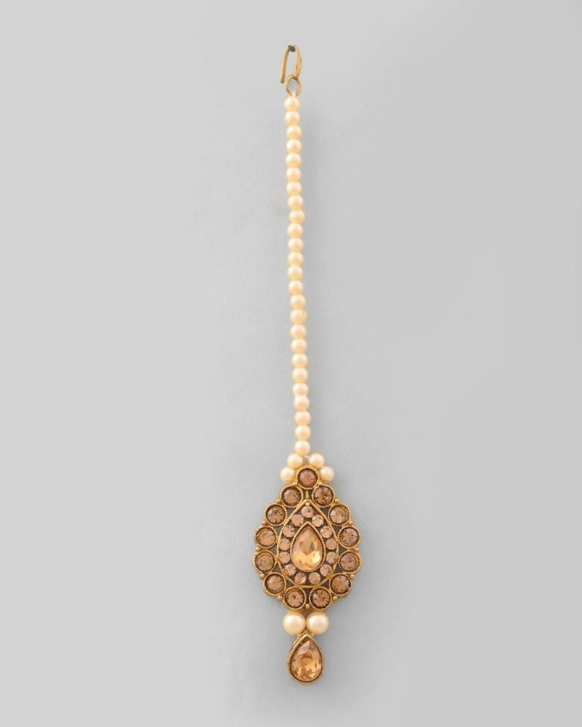 VOJ Gold-Polished Stone Studded Choker Necklace With Earrings And Manag Tikka Set