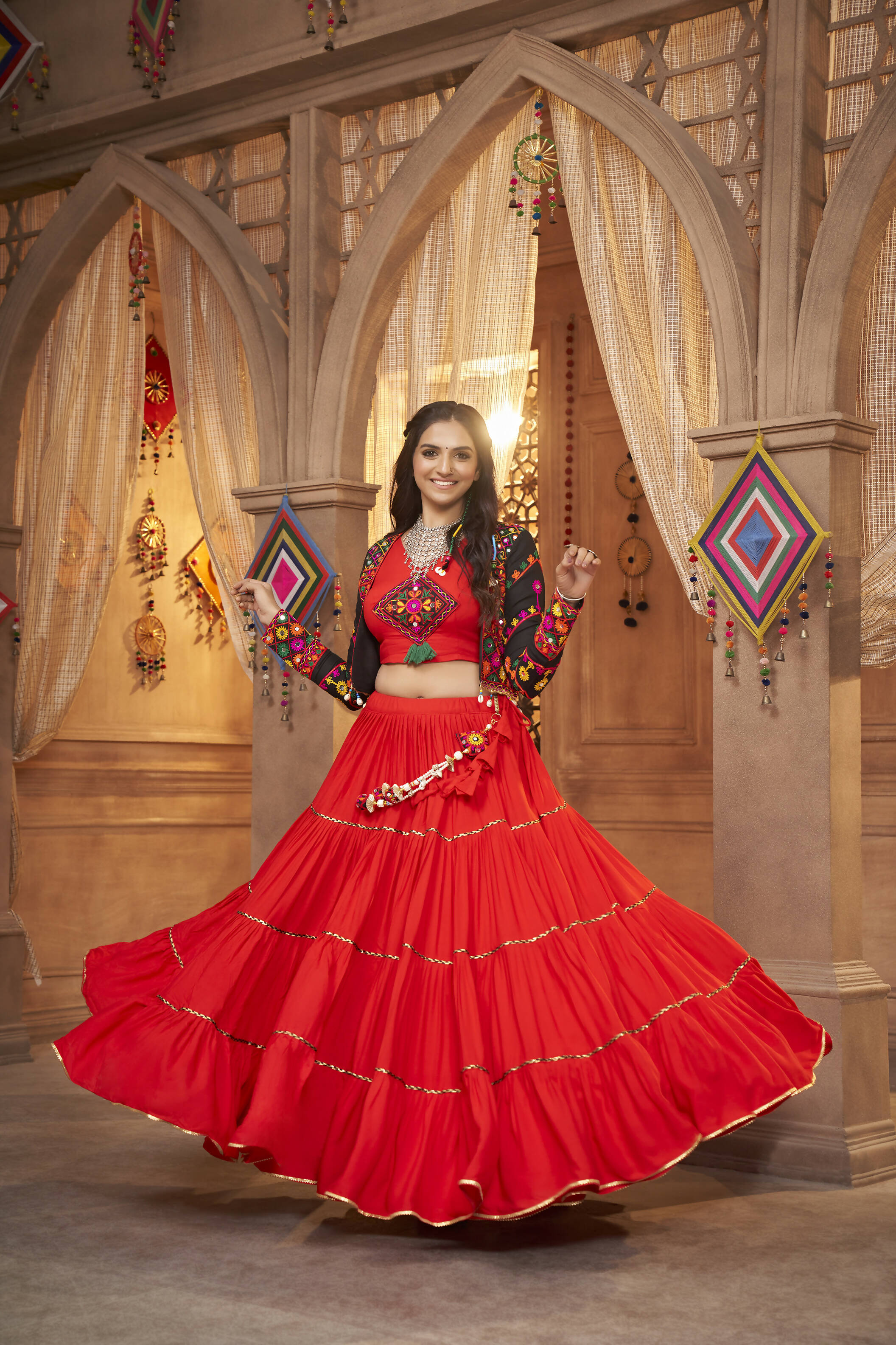 Red Viscose Rayon Navratri Lehenga Choli With Dupatta - Raas