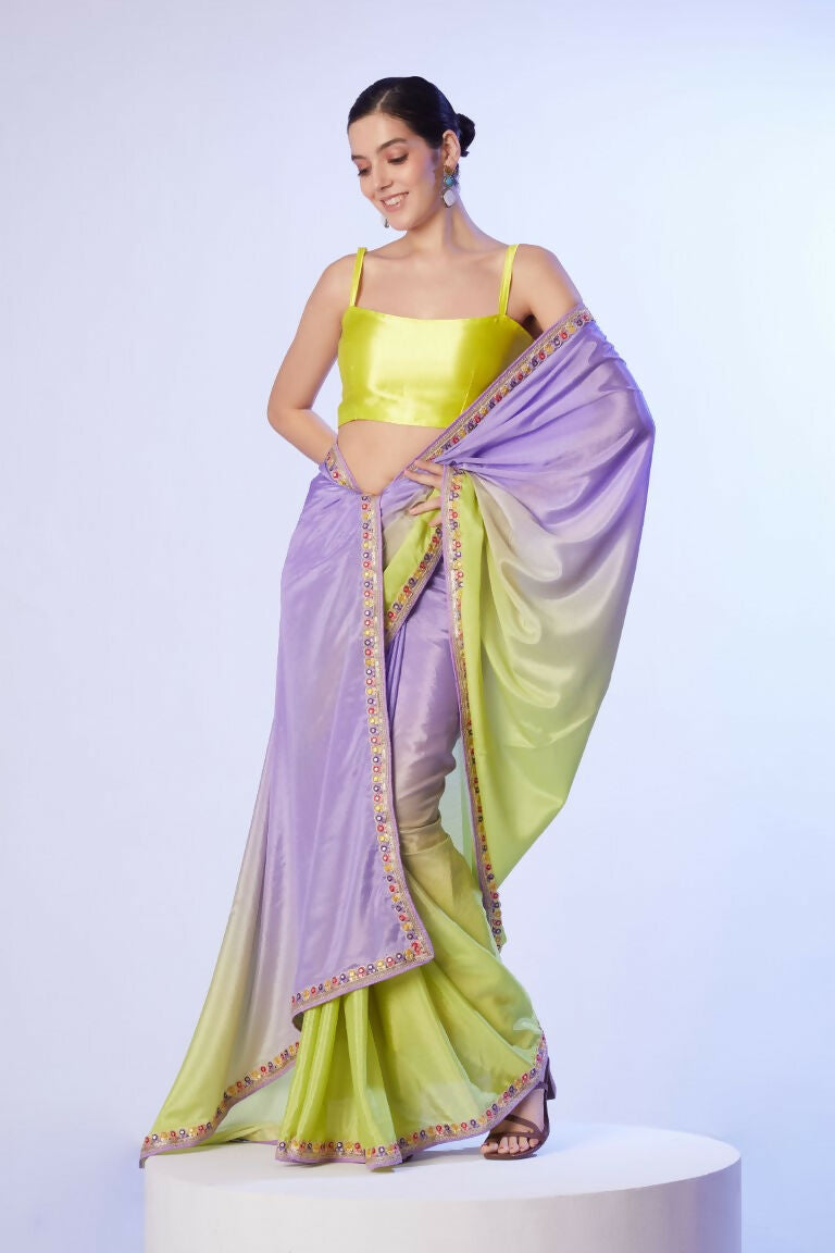 Lavender Chinon Solid Designer & Lace Work Saree - Samaa