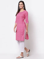Myshka Women's Pink Cotton 3/4 Sleeve Round Neck Printed Casual Kurta