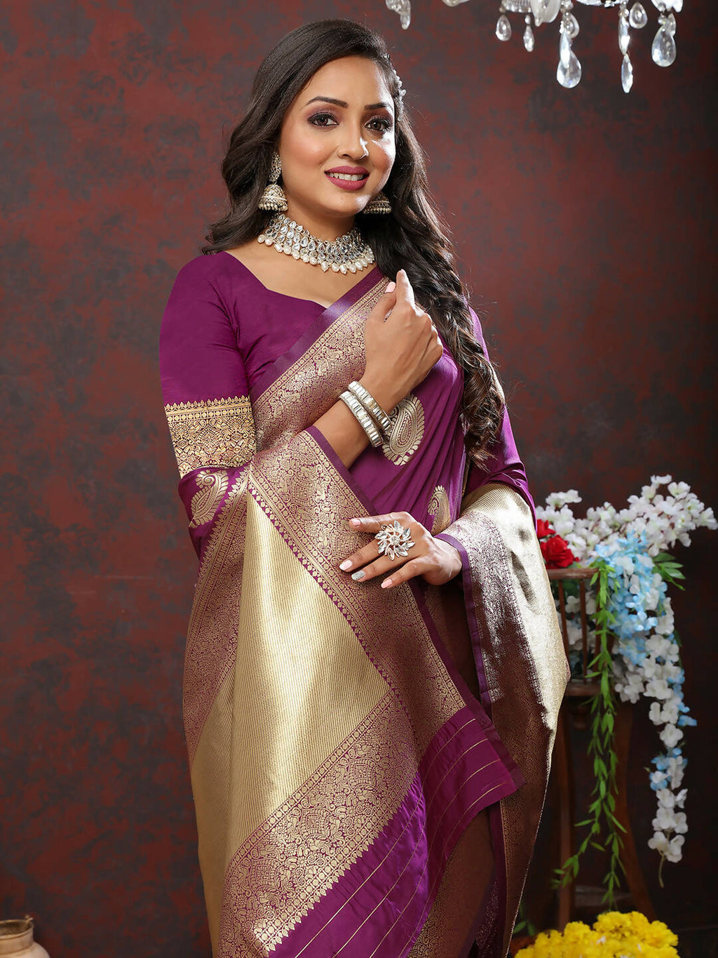 Lorenvalley Fashion Wine Soft Silk Woven Design Gold Zari Weaving Saree