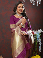 Lorenvalley Fashion Wine Soft Silk Woven Design Gold Zari Weaving Saree