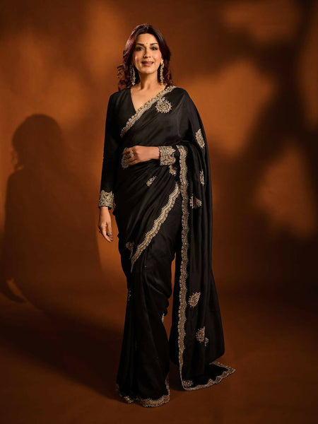 Joban Fashion Black Rangoli Crush Silk Party Wear Sarees