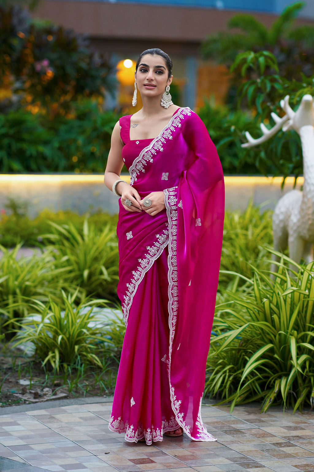 Vastranavya Pink Embroidery Work Shimmer Chiffon Saree with Unstitched Blouse - Distacart