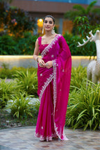 Vastranavya Pink Embroidery Work Shimmer Chiffon Saree with Unstitched Blouse - Distacart