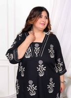 Miravan Women's Plus Size Cotton Gota Patti Black Floral Printed Straight Kurta Palazzo Set