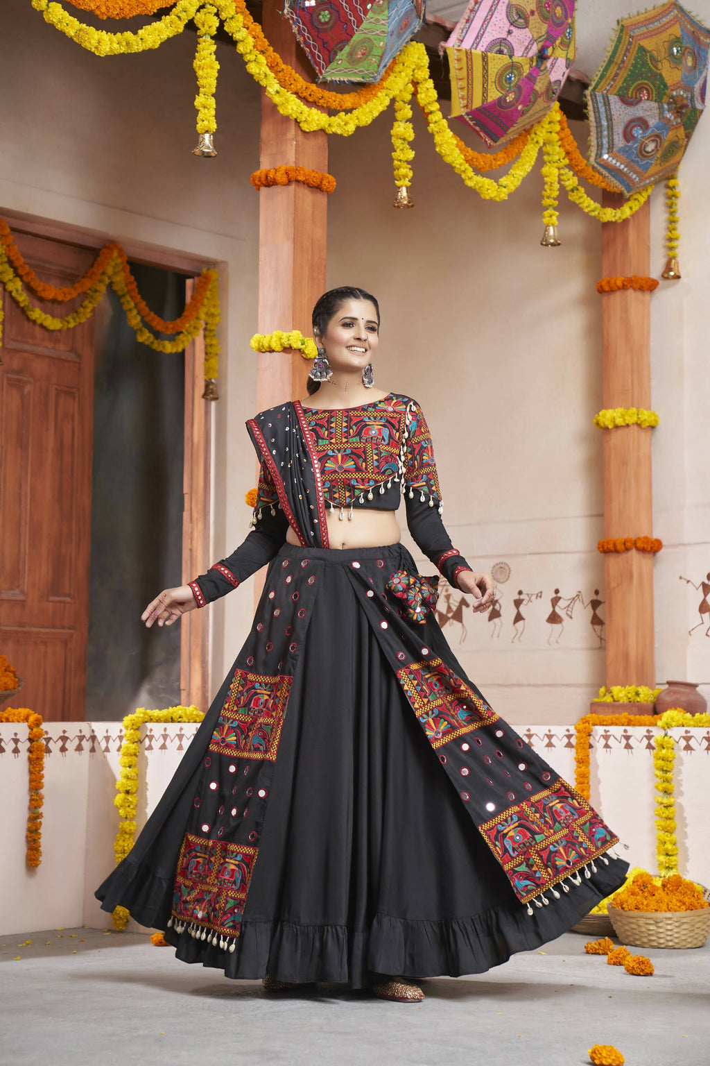 Black Viscose Rayon Thread Embroidery with mirror work Navratri Lehenga Choli with Dupatta - Raas
