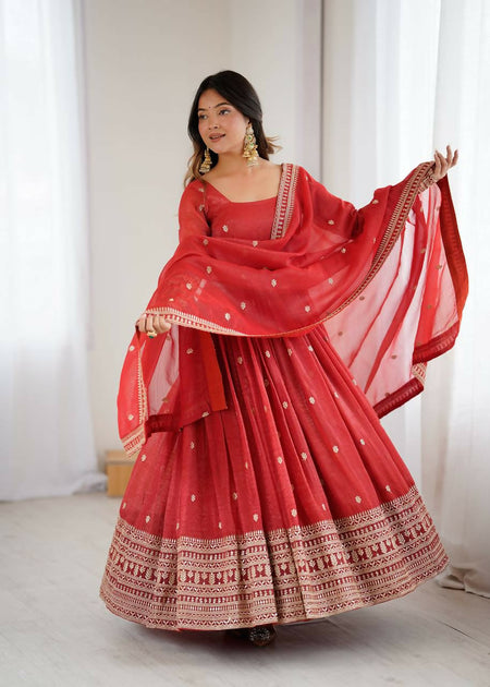 The52 Women's Beautiful Embroidery Work Crunchy Silk Fabric Flared Anarkali and Dupatta Set