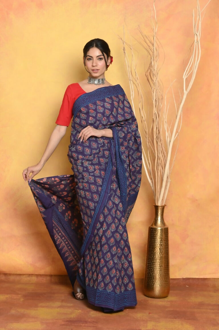 Very Much Indian Handblock Printed Cotton Saree With Natural Dyes - Blue - Distacart