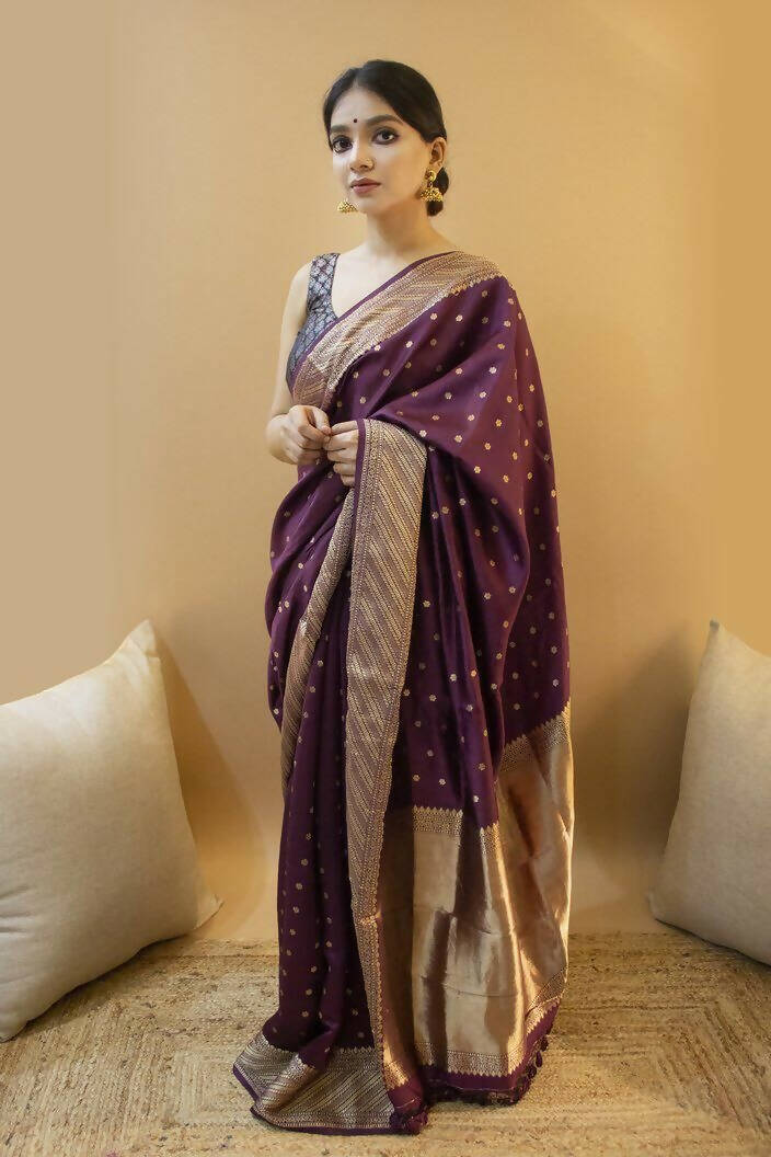 DEIANA'S Beautiful Designer Golden zari Soft Lichi Silk Saree - Wine