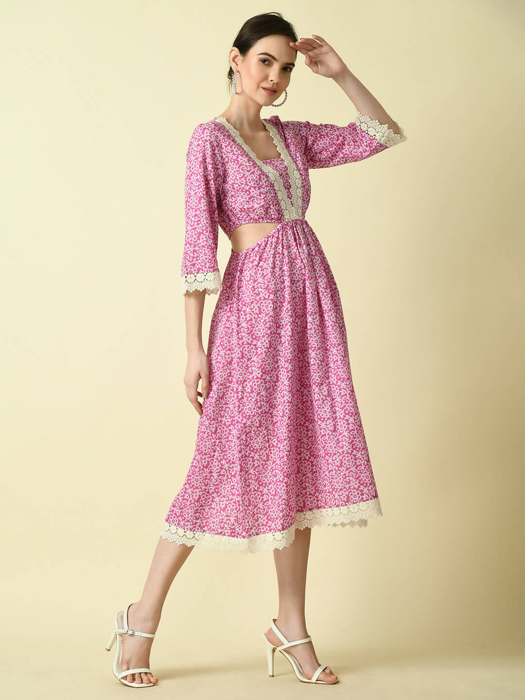 Myshka Women's Pink Floral Printed Fit and Flare Dress - Distacart