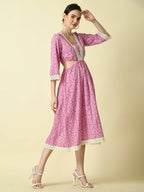 Myshka Women's Pink Floral Printed Fit and Flare Dress - Distacart