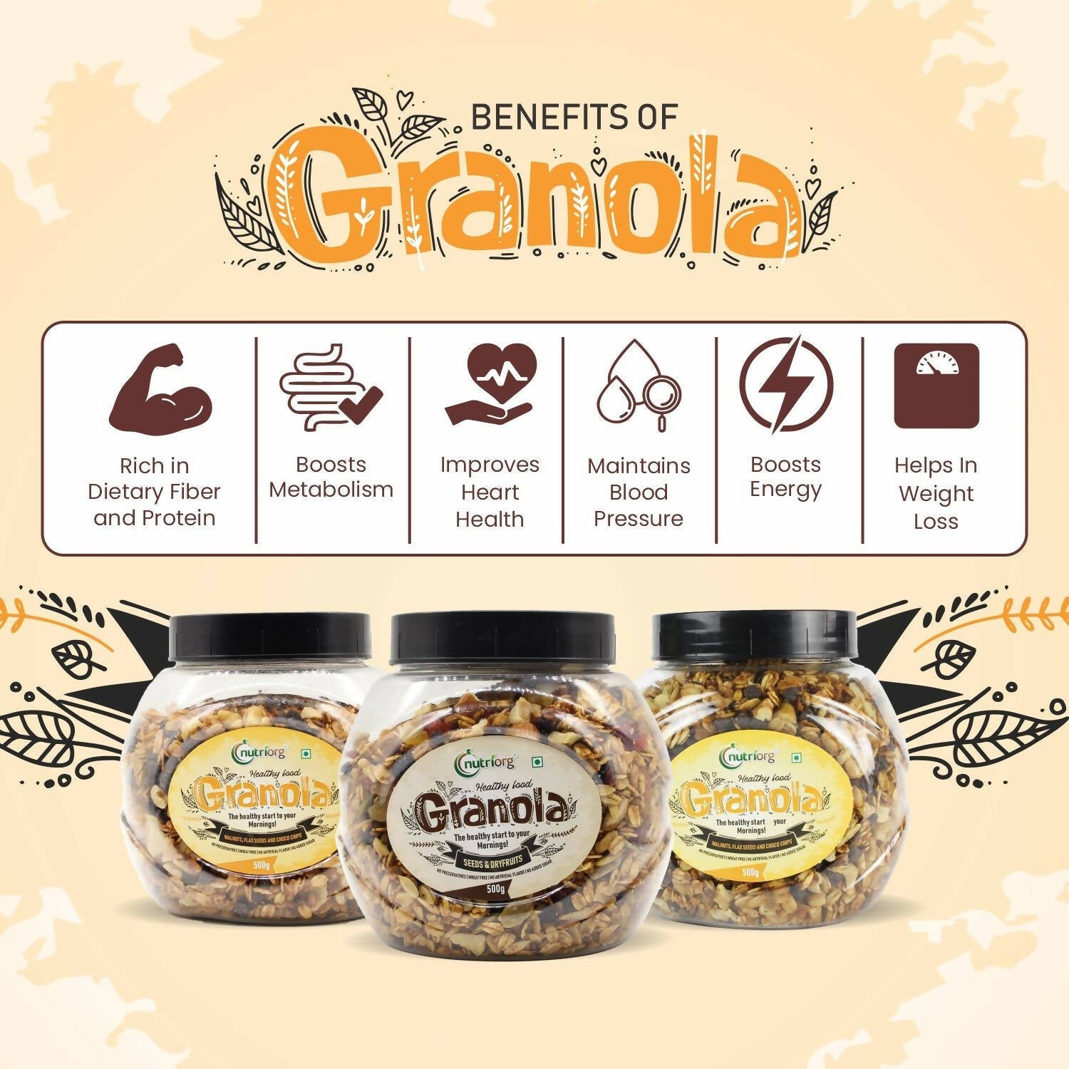 Nutriorg Crunchy Granola Walnut, Flaxseeds & Choco Chips Flavor - Distacart