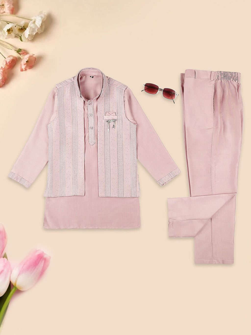 Joban Fashion Kids Island Embroidery Sequence Full Sleeves Kurta, Pyjama Set with Nehru Jacket - Pink - Distacart