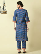 Myshka Women's Blue Straight Kurta & Trousers