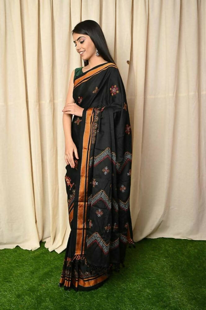 Very Much Indian Khun Saree Cotton Resham Handwoven Chrome Yellow & Black - Distacart