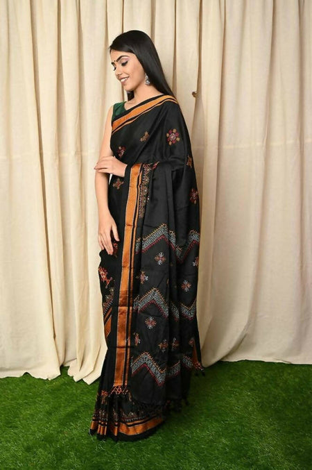 Very Much Indian Khun Saree Cotton Resham Handwoven Chrome Yellow & Black