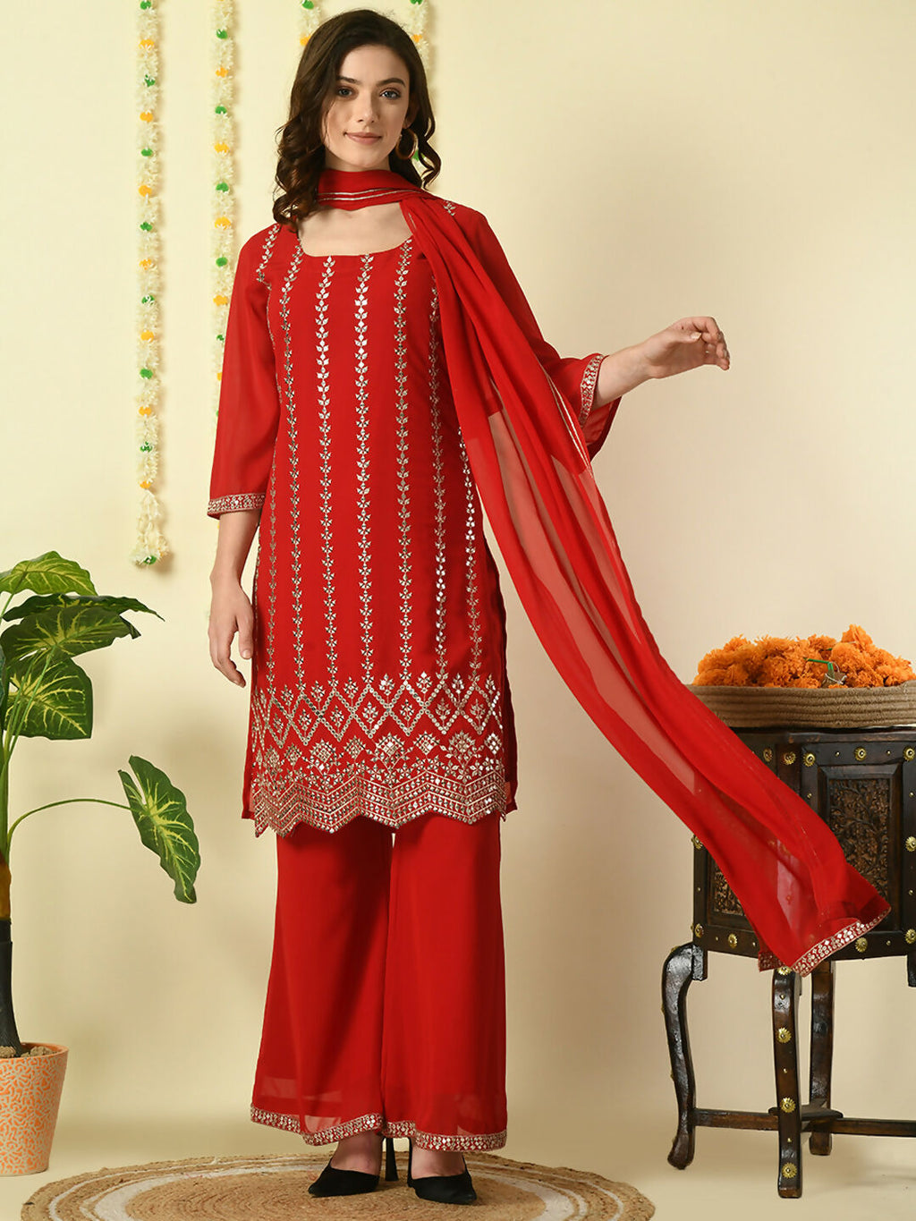 Myshka Women's Red Georgette Kurta & Palazzos With Dupatta Party Sets