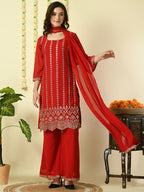Myshka Women's Red Georgette Kurta & Palazzos With Dupatta Party Sets