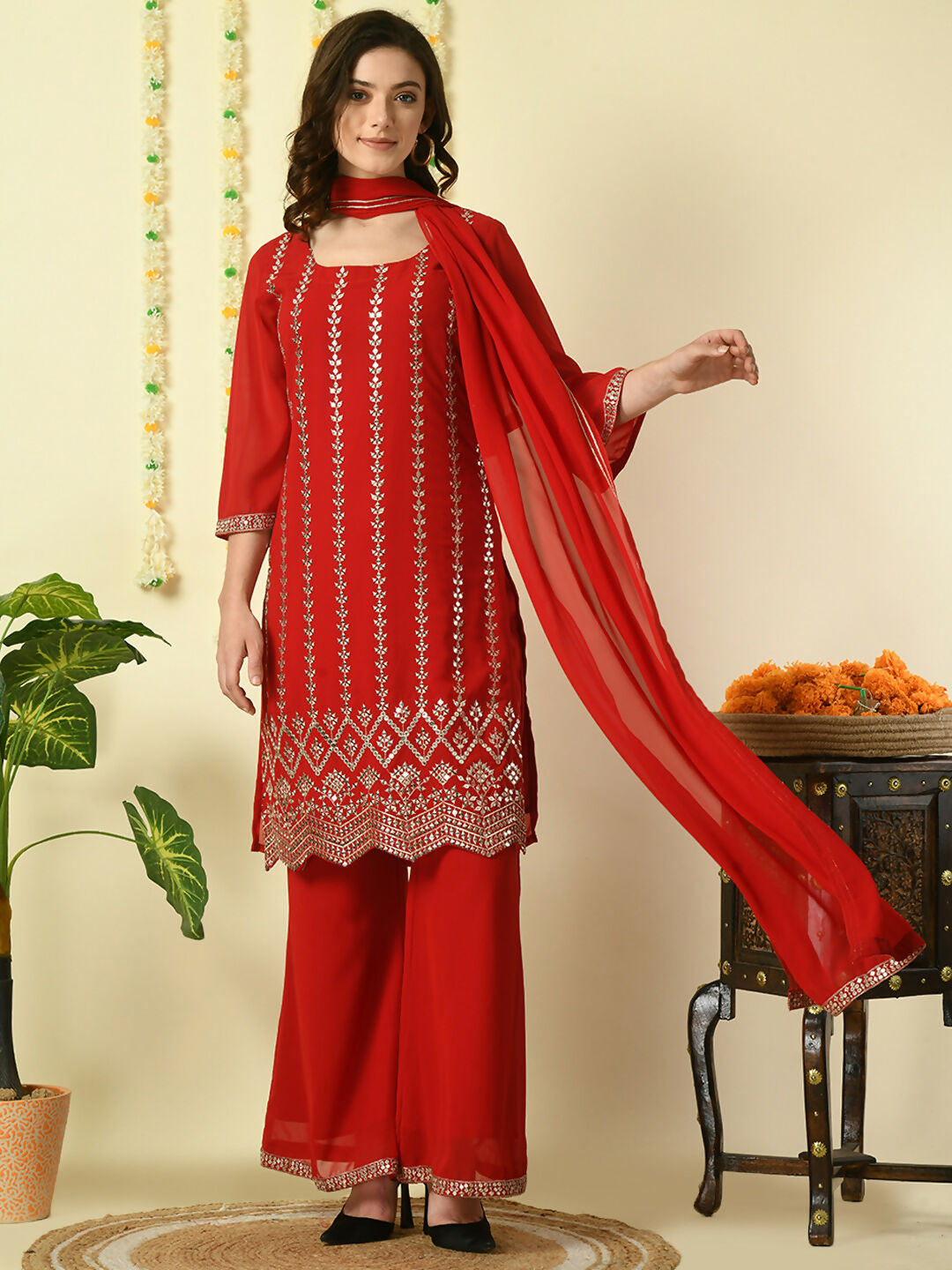 Myshka Women's Red Georgette Kurta & Palazzos With Dupatta Party Sets