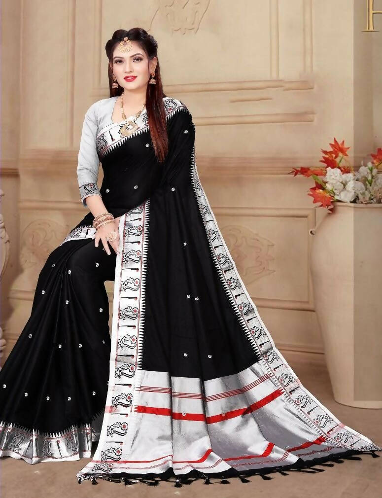 DEIANA'S Beautiful Designer Golden zari Soft Lichi Silk Saree - Black