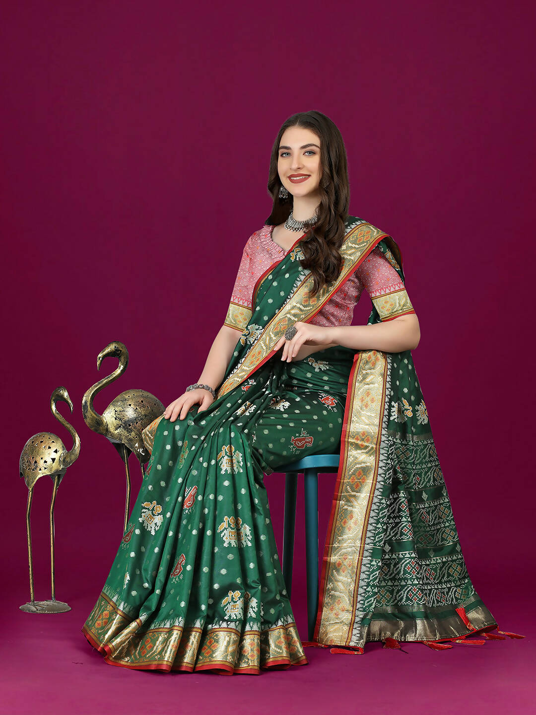 Lorenvalley Fashion Green Patola Silk Woven Design Zari Meenakari Weaving Saree