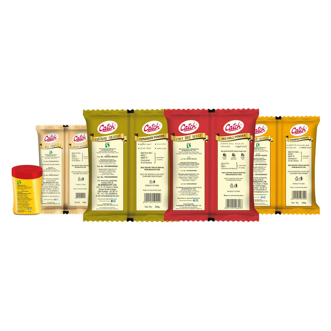 Catch Masala & Spices Combo Five Pack - Coriander Powder 200 gms + Turmeric Powder 200 gms + Red Chilli Powder 200 gms + Cumin Whole 200 gms + Hing 50 gms - Distacart