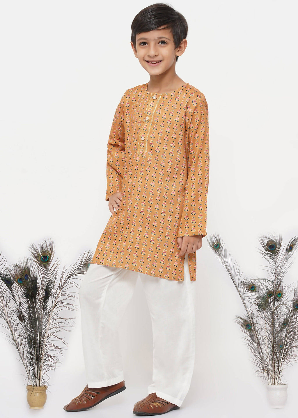 Little Bansi Boys Cotton Silk Floral Kurta with Pearl Buttons & Pyjama - Orange & Cream