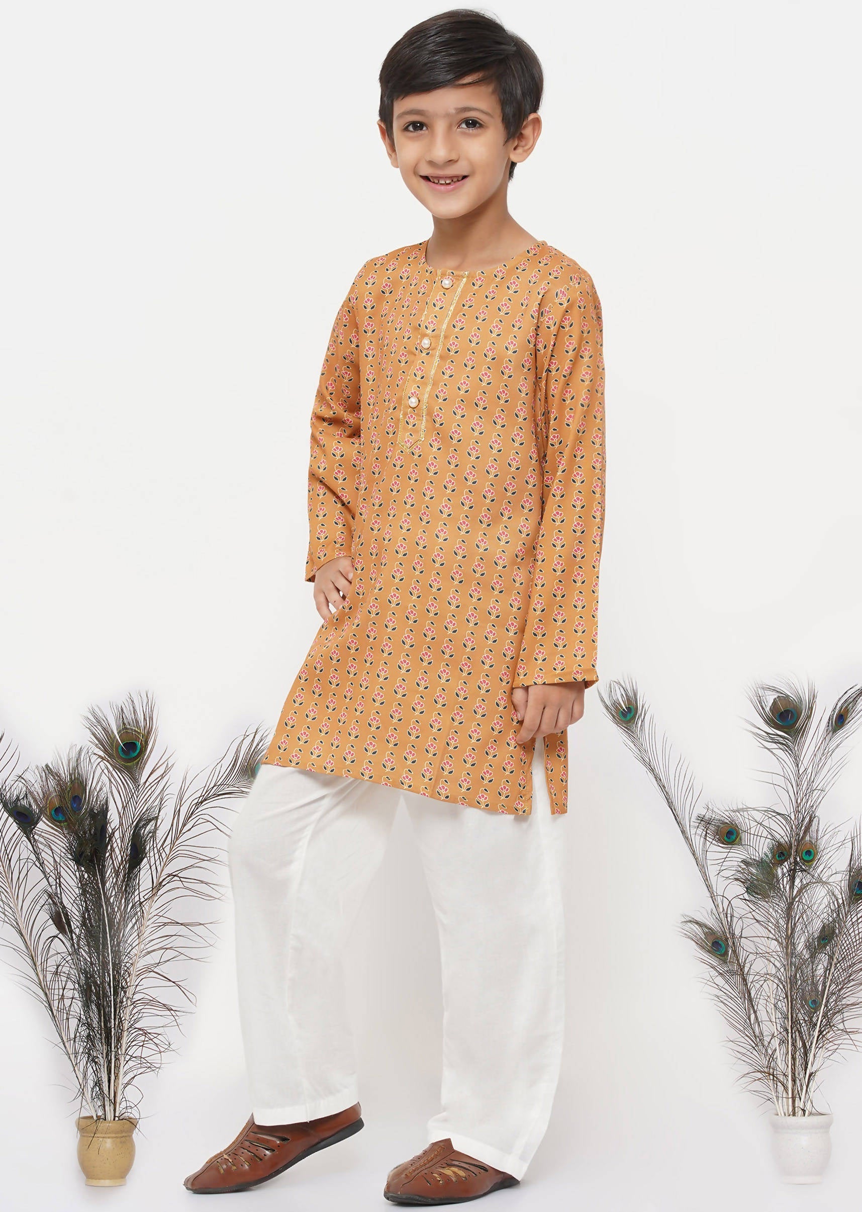 Little Bansi Boys Cotton Silk Floral Kurta with Pearl Buttons & Pyjama - Orange & Cream