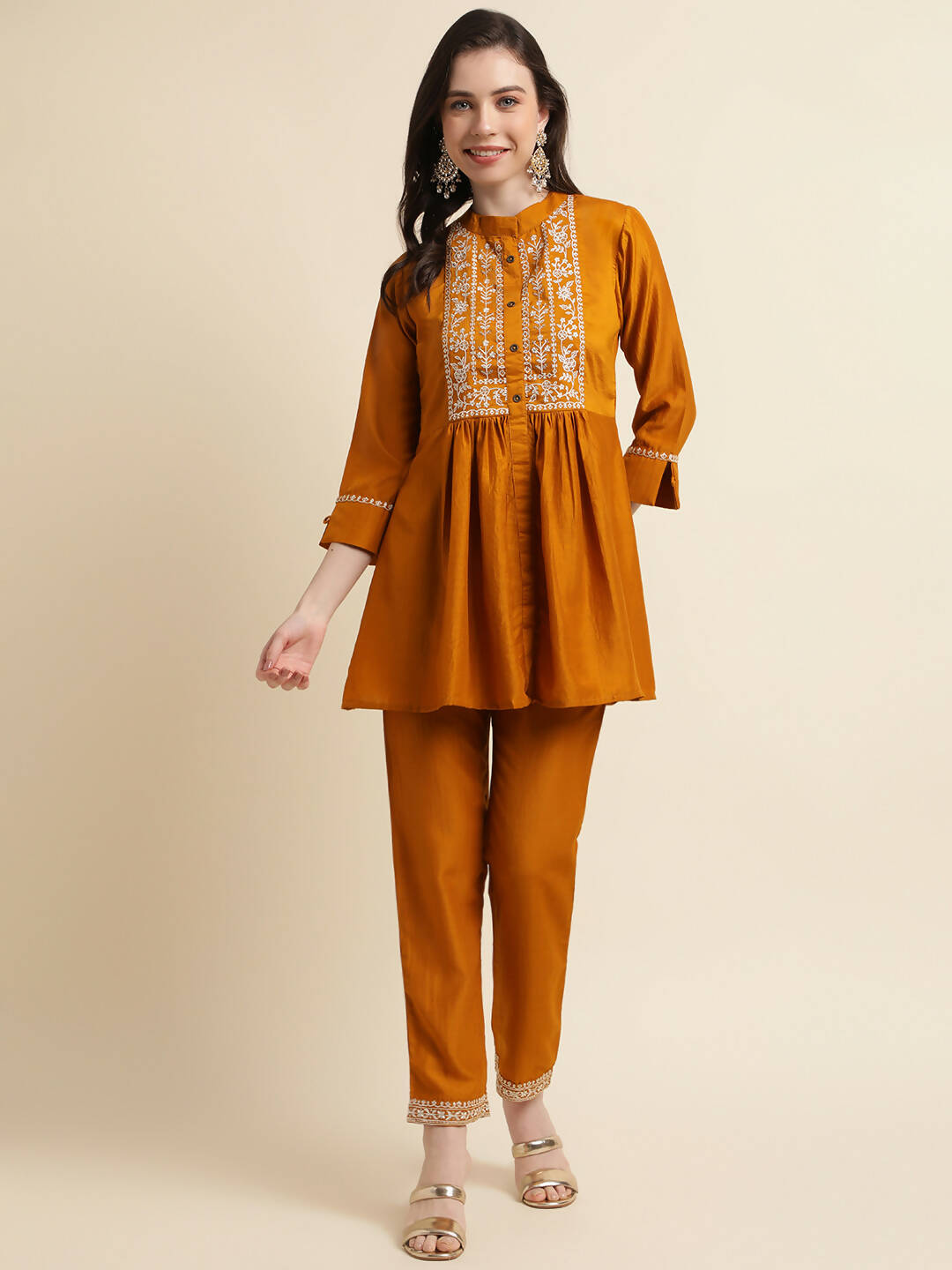 Mustard Chinon Floral Embroidered Top with Bottom - Maanushi