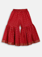 Ahalyaa Red Crepe Gold Printed Kids Kurta Sharara Set For Girls