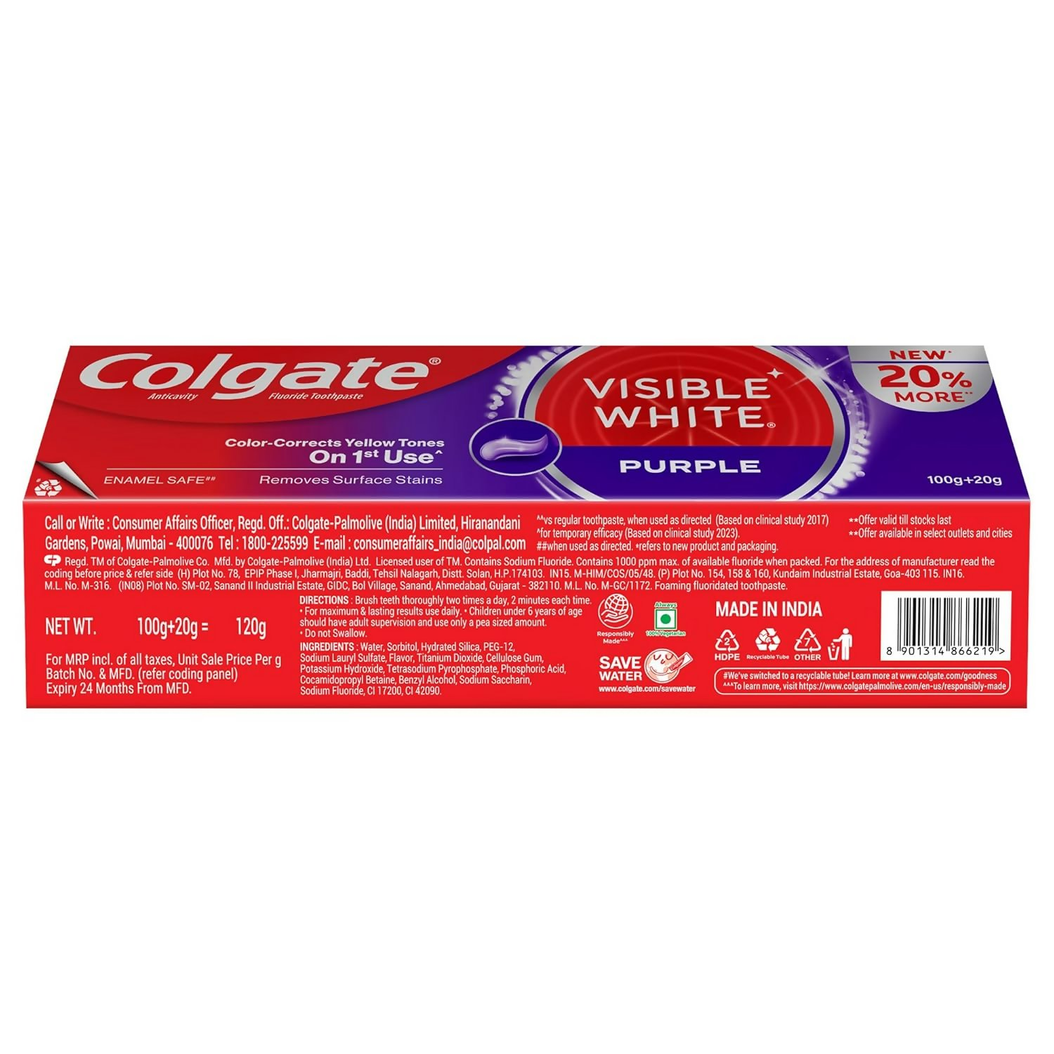Colgate Visible White Purple Toothpaste For Teeth Whitening Helps Remove Surface Stains, Whitens Yellow