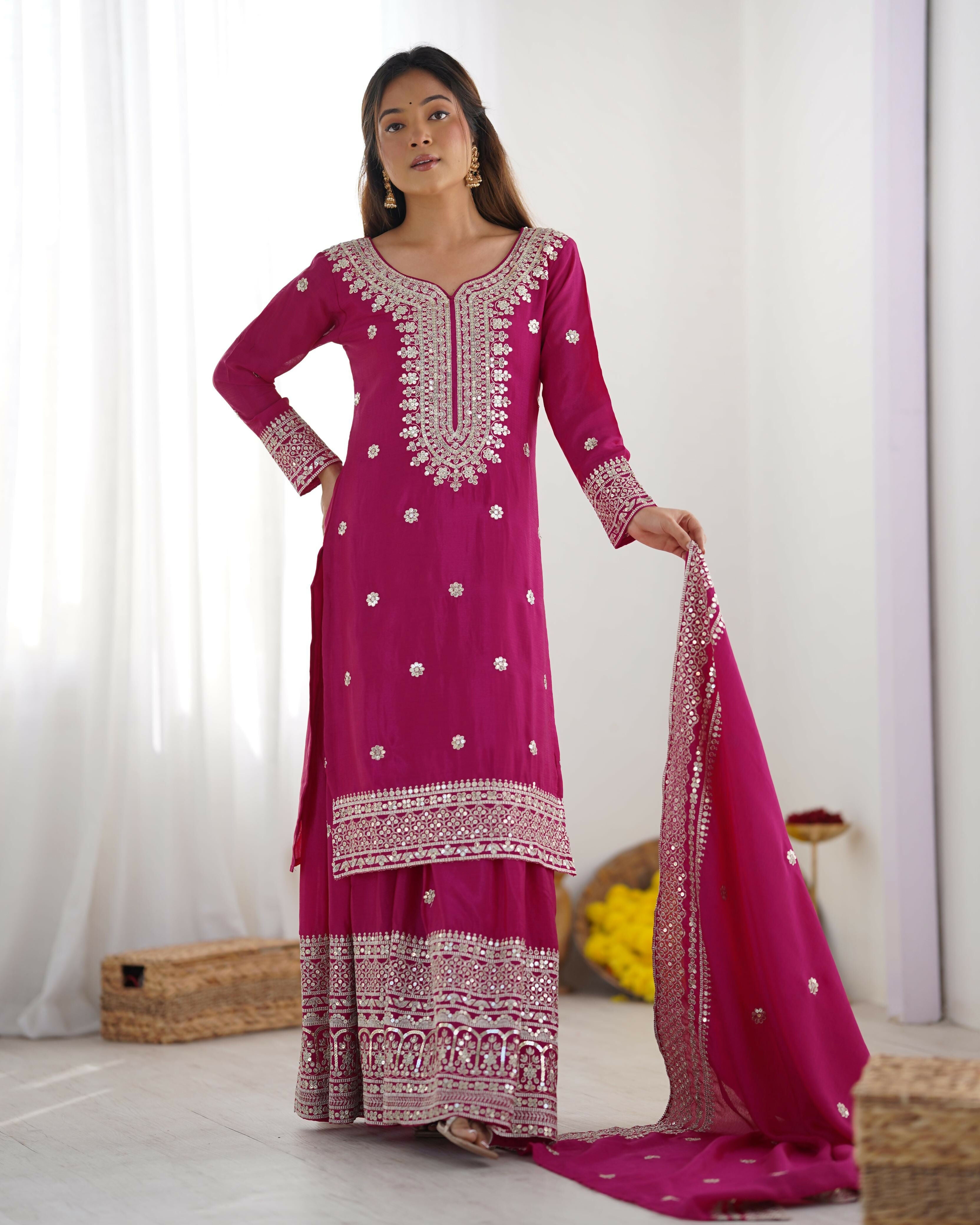 Teeya Creation Pink Color Chinon Silk Heavy Embroidery Work Fully Stitched Salwar Suit - Distacart