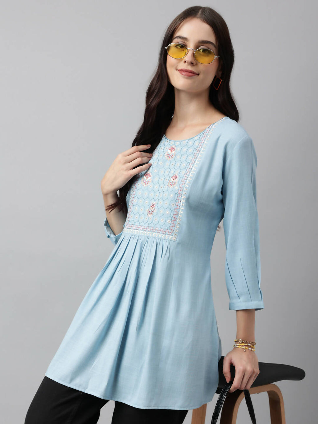 Light Blue Rayon Yoke Embroidered A-line Top - Tarini