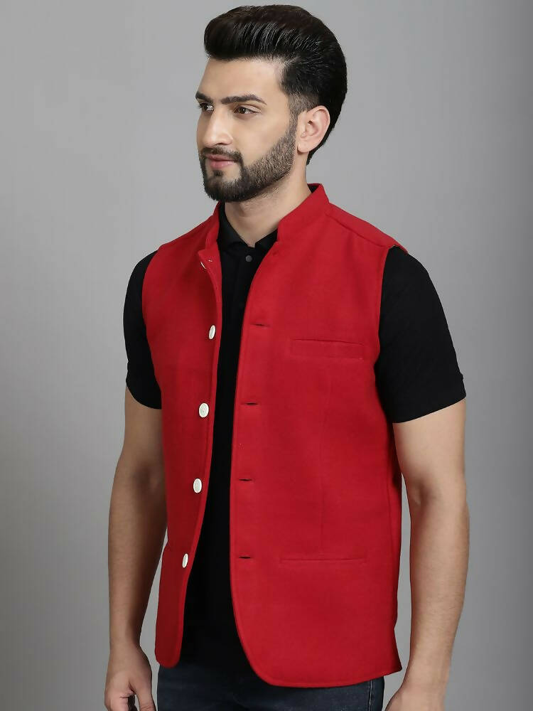 Even Apparels Nehru Jacket With Welt Pockets - Red