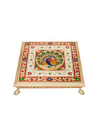 Golden Peacock Gold-Toned & Red Handcrafted Minakari Peacock Design Wooden Chowki