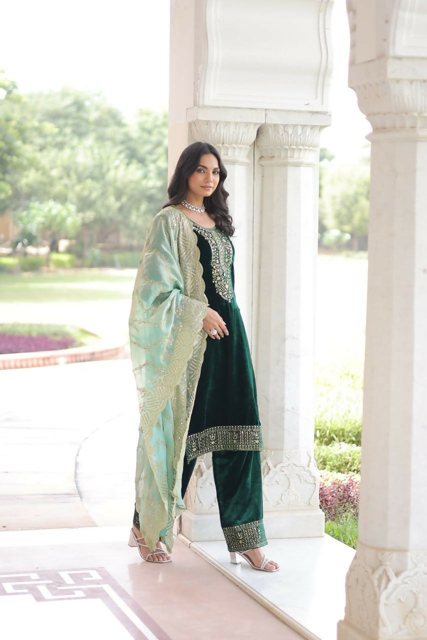 Vastranavya Green Velvet With Rich Sequins & Zari Embroidered Work Top-Bottom With Dupatta - Distacart