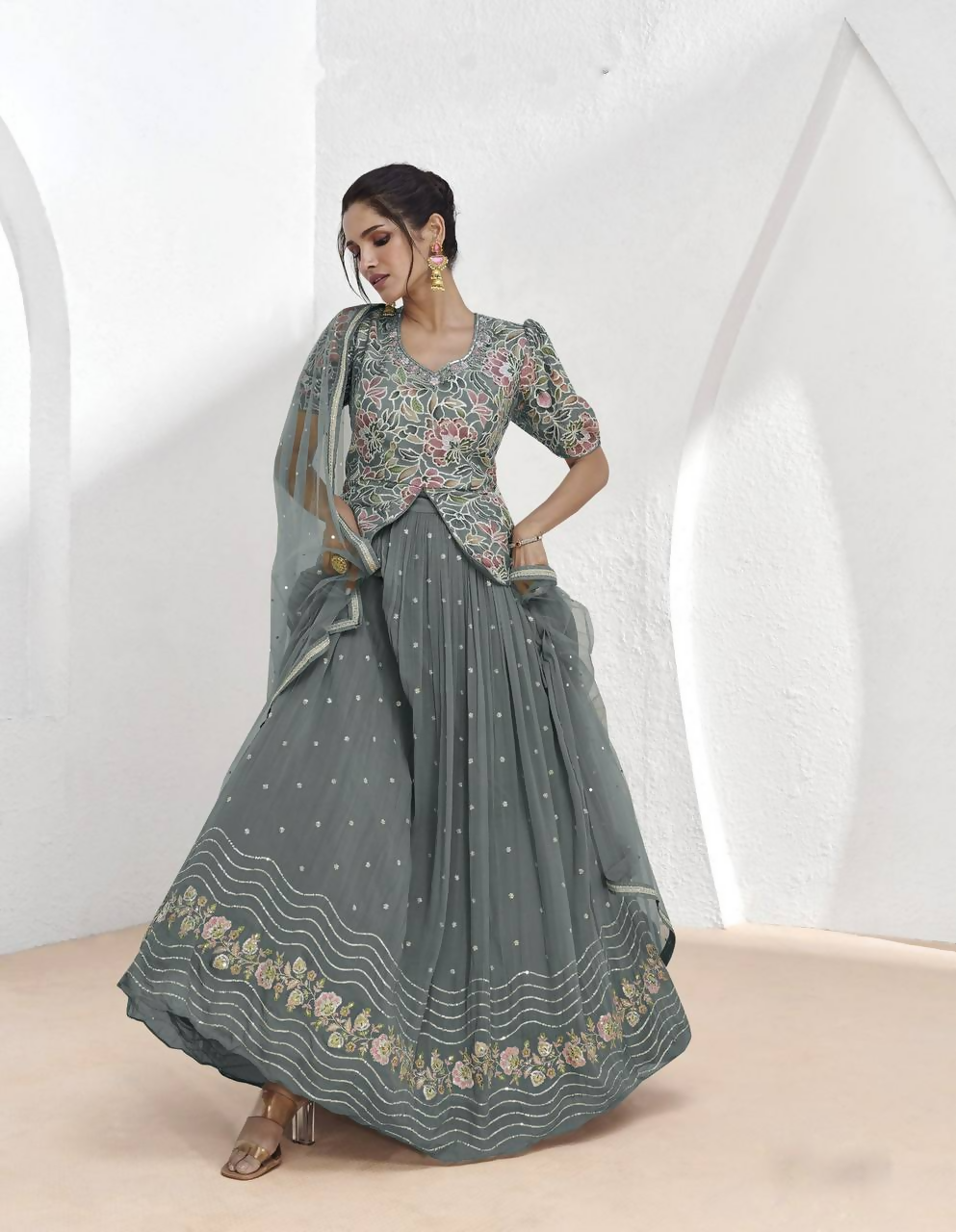 Lorenvalley Fashion Grey Faux Georgette Embroidery with Sequince Work Salwar Lehenga Stitched