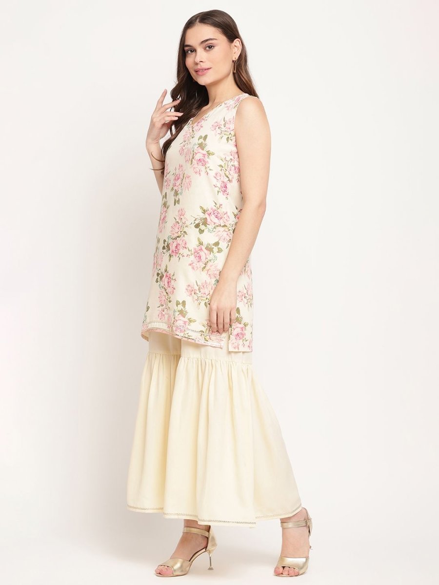 Ahalyaa Women's Beige Crepe Digital Floral Print Kurta Sharara Set with Dupatta - Distacart
