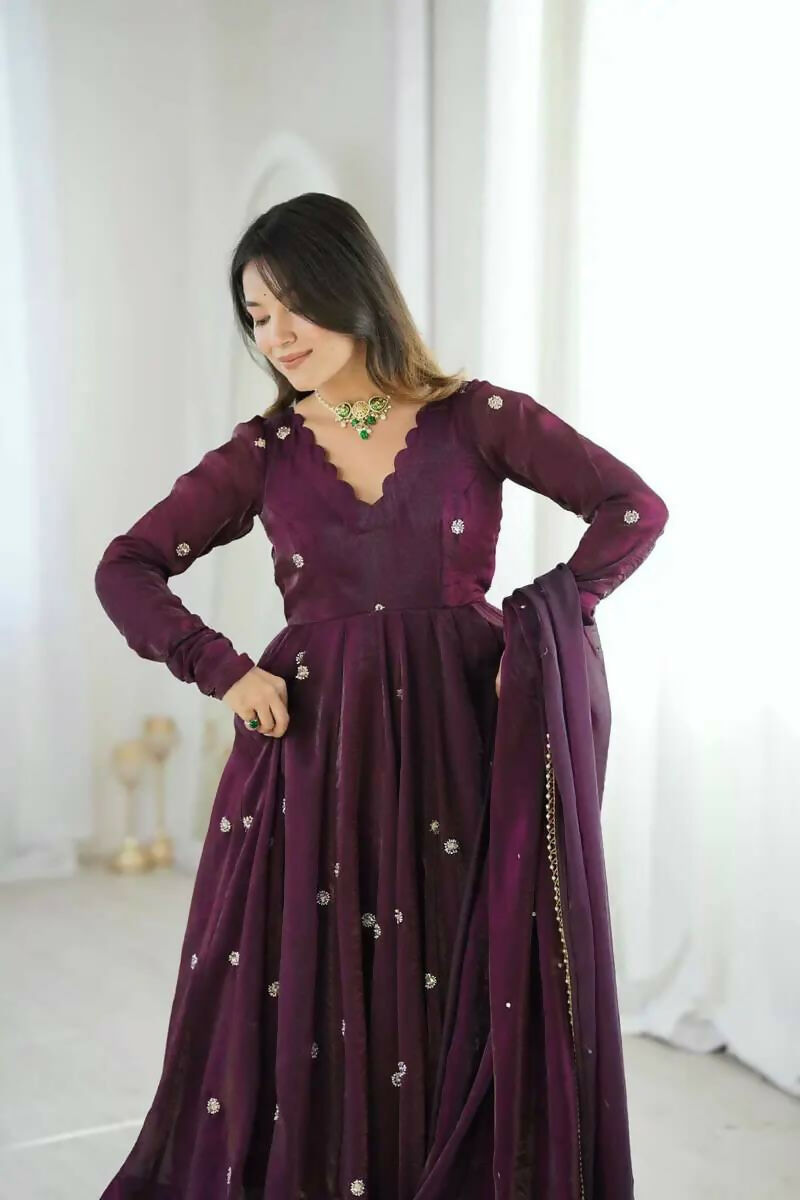 Teeya Creation Violet Crunchy Silk Embroidery Work Designer Suit - Distacart