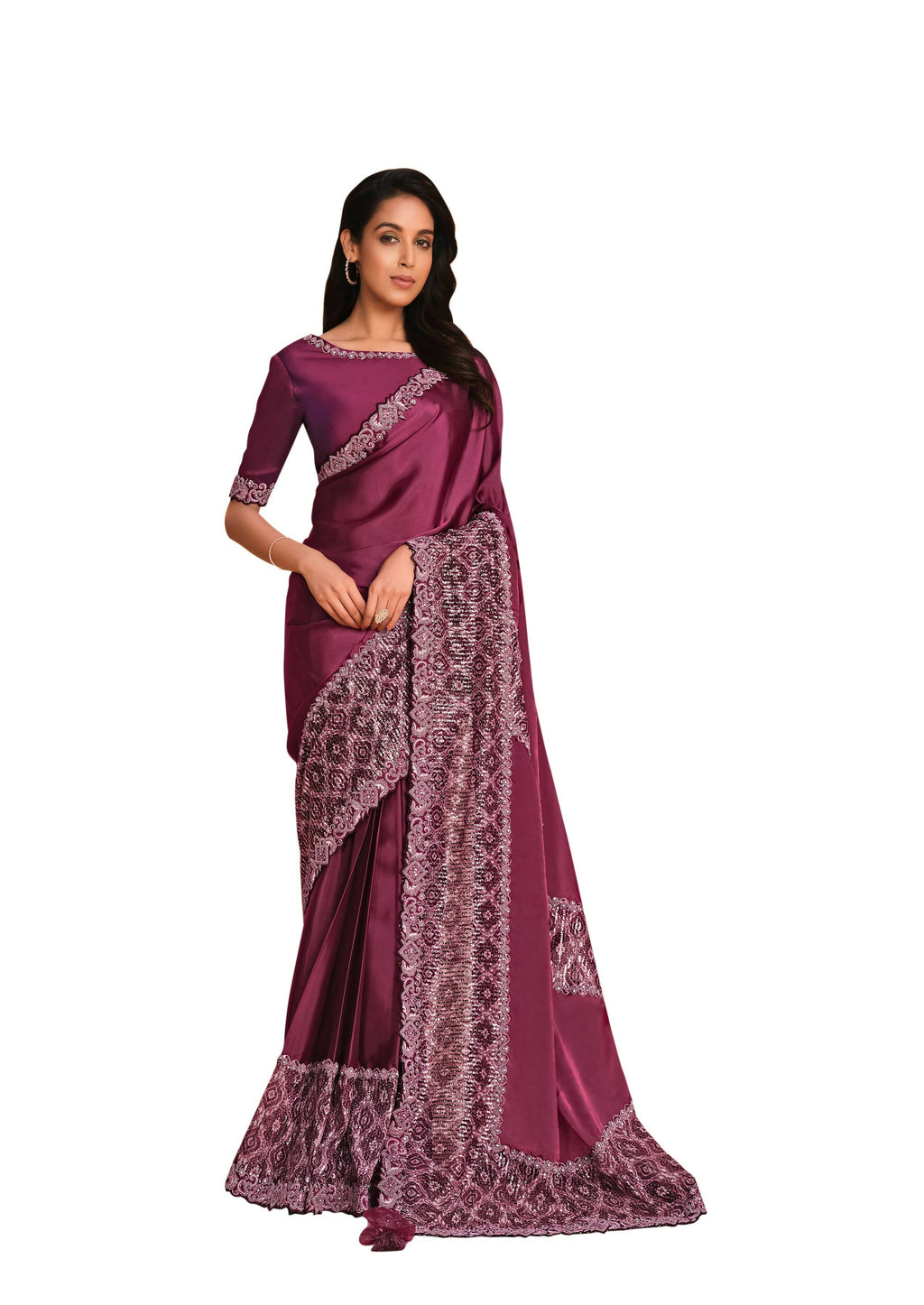 Maroon Satin Crepe Silk Sequence Embroidered Saree With Unstitched Blouse - Mohmanthan Yavanika