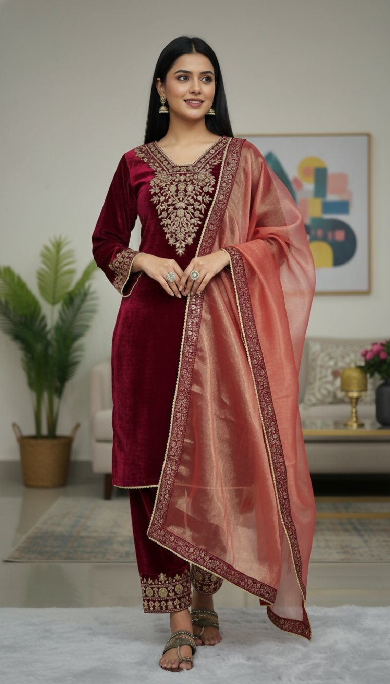Joban Fashion Maroon Kurta Set Velvet Embroidery Sequence Work - Distacart