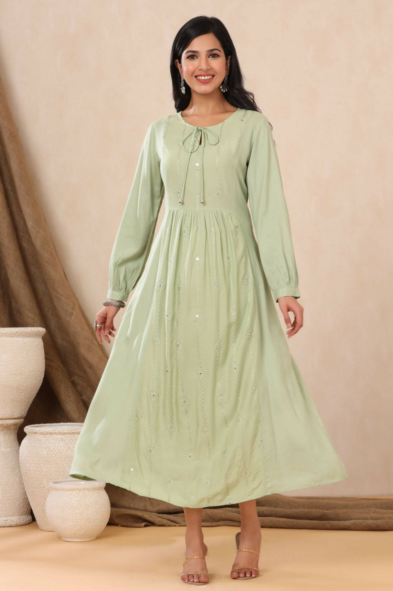 Juniper Women Lightolive Rayon Embroidered A-Line Dress - Distacart