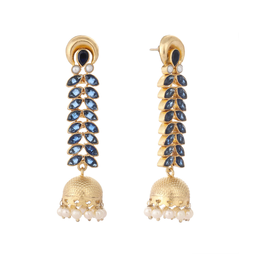 Nuyug 22K Gold-Plated Blue Onyx & Pearl Studded Dome Shaped Jhumkas - Distacart