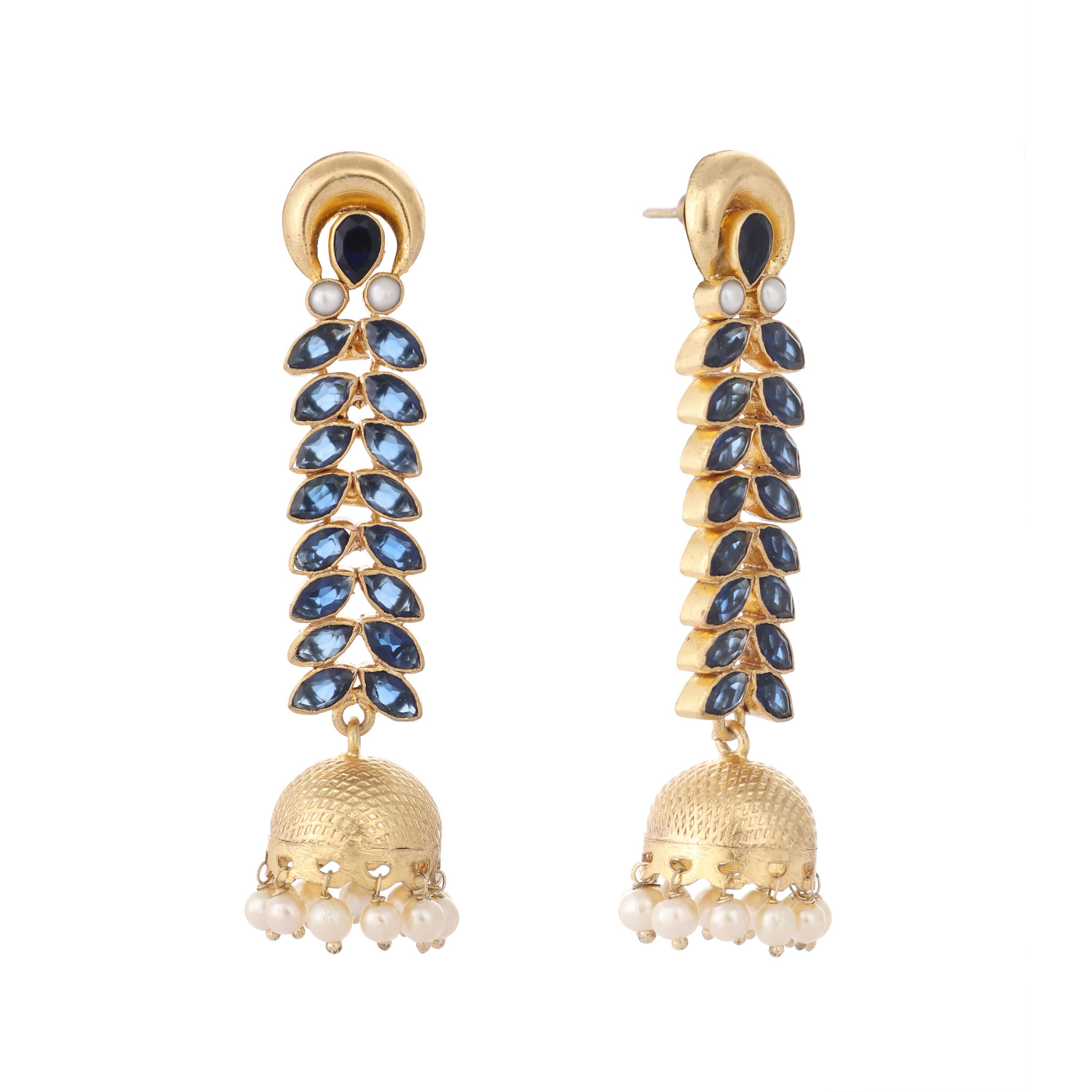 Nuyug 22K Gold-Plated Blue Onyx & Pearl Studded Dome Shaped Jhumkas - Distacart