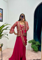 Teeya Creation Rani Color Chinon Silk Embroidery Work Ready To Wear Party Wear Saree With Koti - Distacart