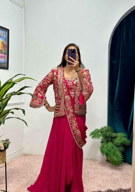 Teeya Creation Rani Color Chinon Silk Embroidery Work Ready To Wear Party Wear Saree With Koti