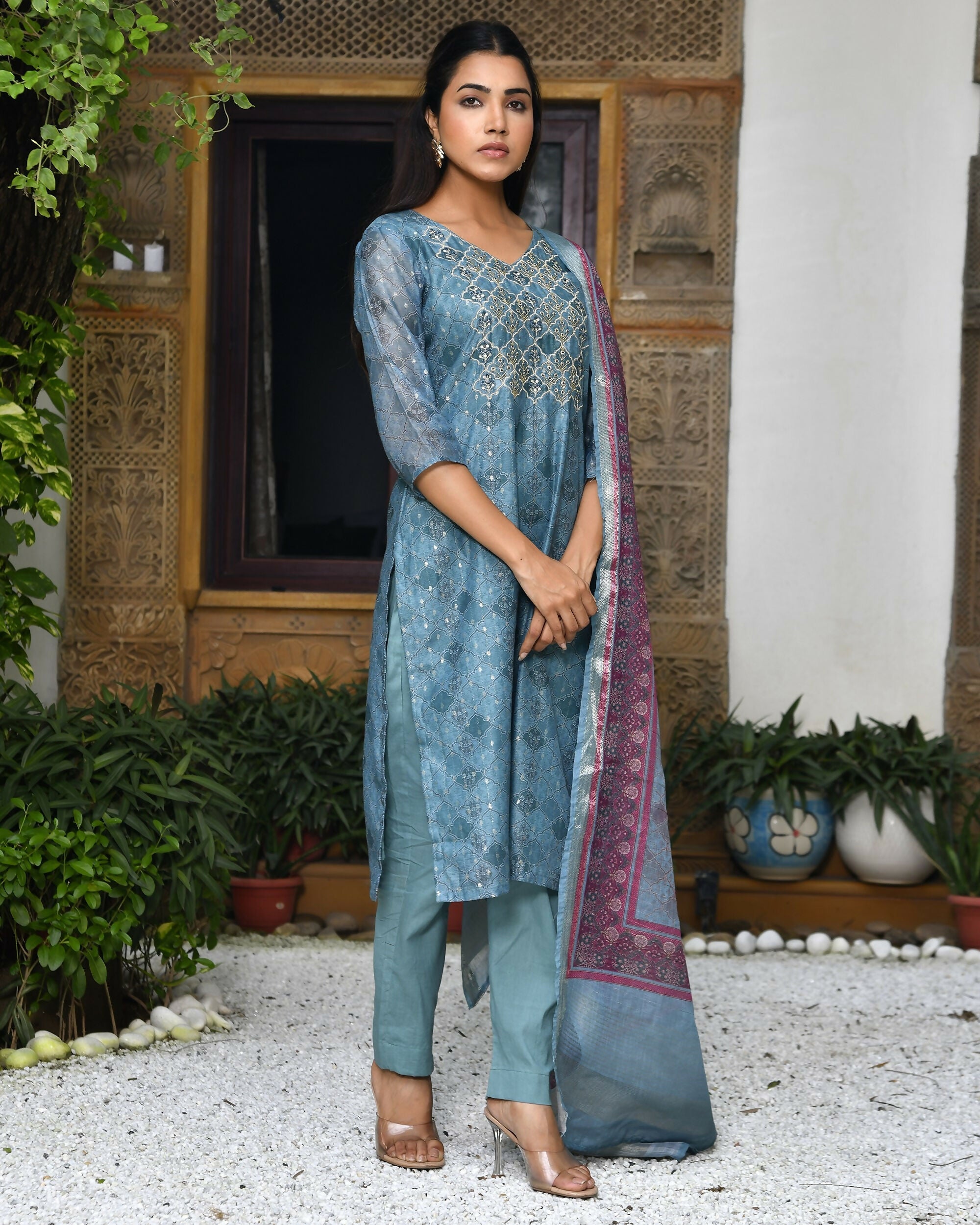 Vaasva Women's Chanderi Printed Suit Set With Pant And Printed Dupatta