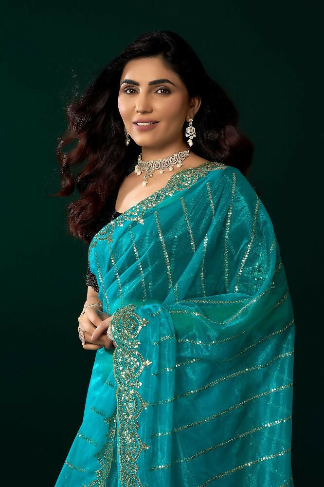 Joban Fashion Turquoise Blue Net Party Wear Sarees - Distacart